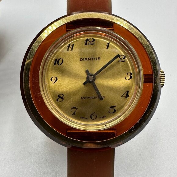 Vtg. Diantus Watch Women Gold Tone Brown Swiss 41MM Round Dial Manual Wind 8.5\
